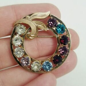 Vintage Van Dell 1/20 12k Gold Filled Colorful Rhinestone Circle Brooch, Signed